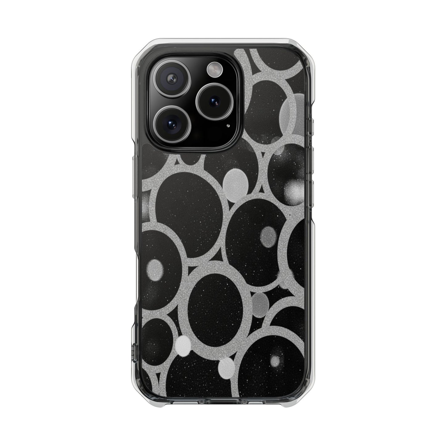 Magnetic Clear Phone Case — Abstract Black & Gray Bubble Design, Impact-Resistant