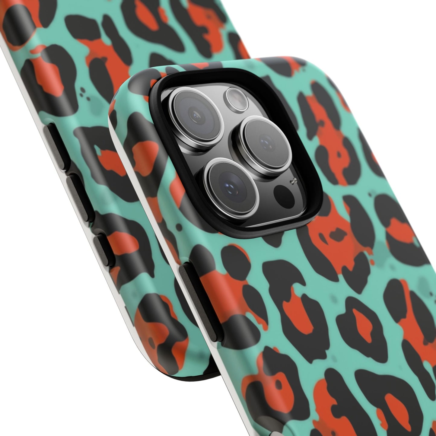 Leopard Print Tough Phone Case — Teal & Rust Protective iPhone Cover