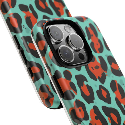 Leopard Print Tough Phone Case — Teal & Rust Protective iPhone Cover