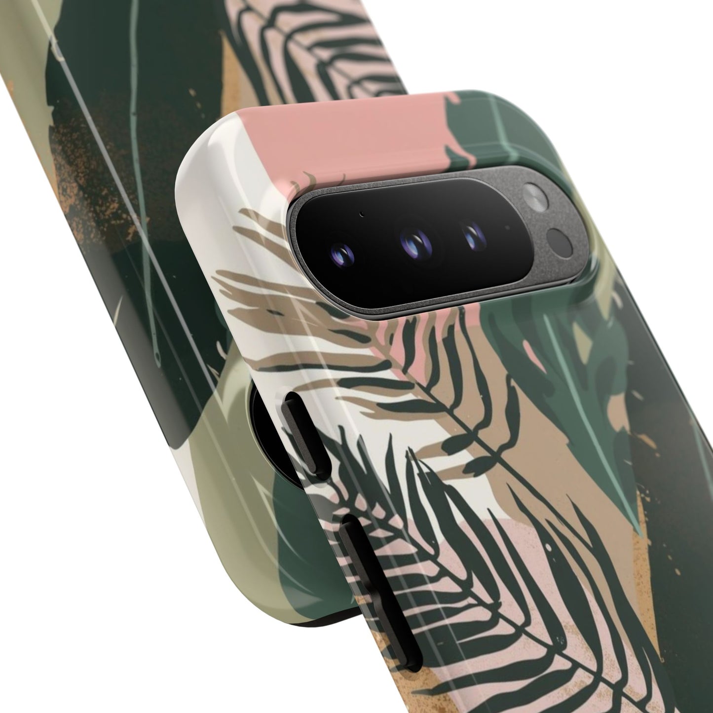 Tropical Leaf Tough Phone Case — Abstract Pink & Green Botanical Protective Cover