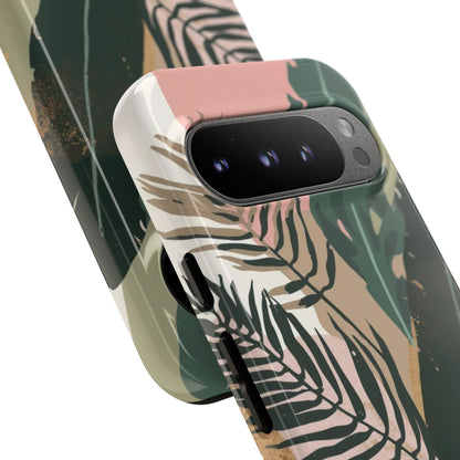 Tropical Leaf Tough Phone Case — Abstract Pink & Green Botanical Protective Cover