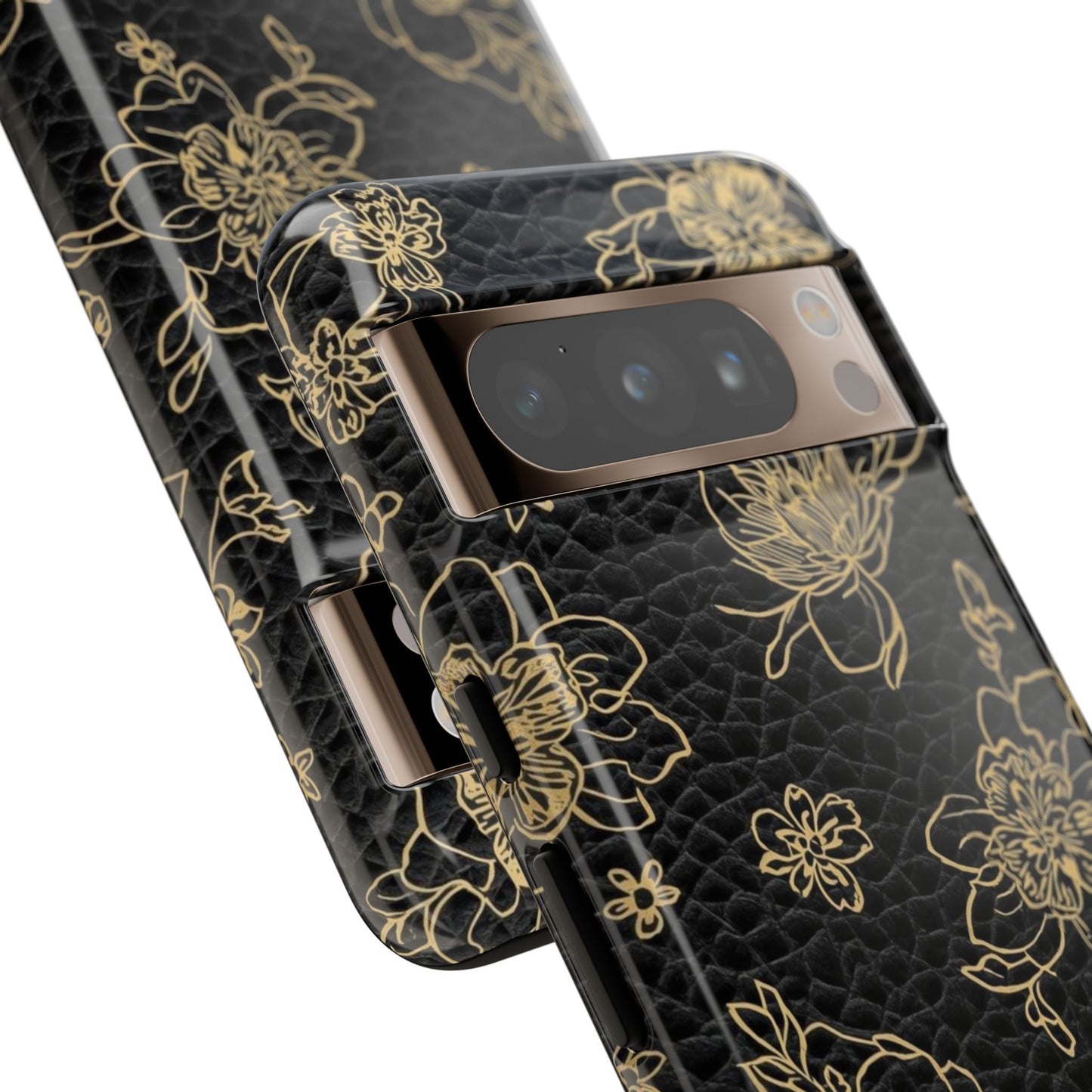 Floral Leather Phone Case — Gold Outline Flowers on Black Tough Case