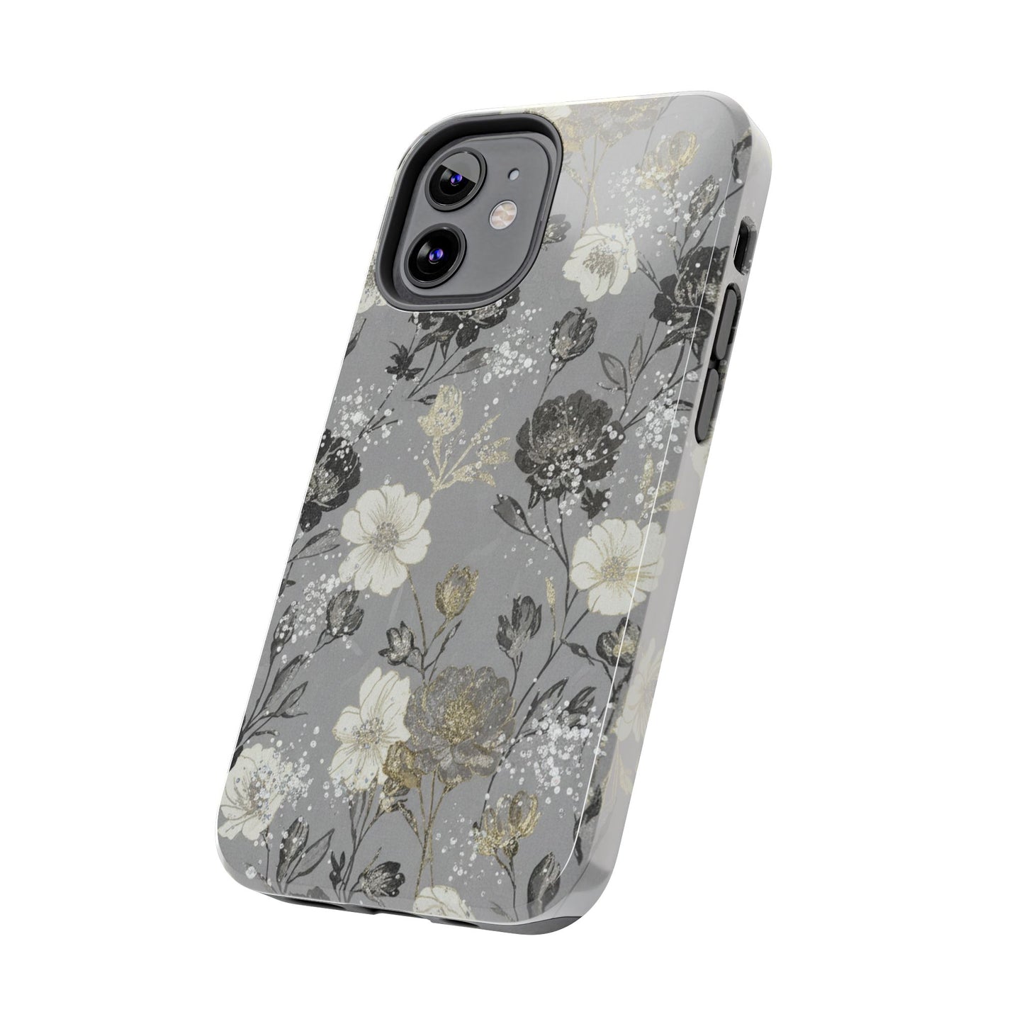 Floral Gray Tough Phone Case — Elegant Protective Phone Cover with Gold Accent