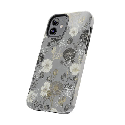 Floral Gray Tough Phone Case — Elegant Protective Phone Cover with Gold Accent