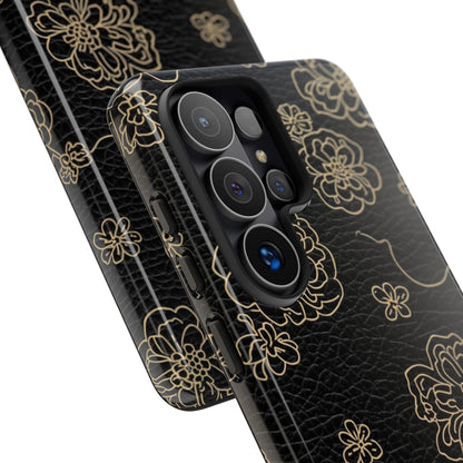Floral Leather-Texture Tough Case – Black Gold Outline Phone Cover