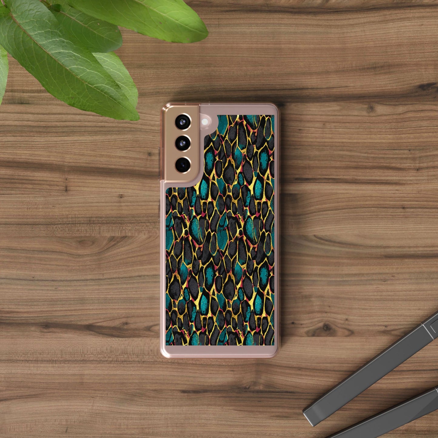 Teal Gold Leopard Clear Phone Case