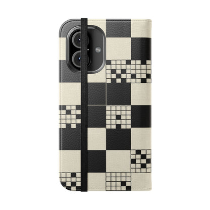 Checkerboard Flip Phone Case – Retro Black & Cream Geometric Wallet Case