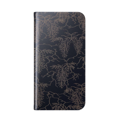 Botanical Noir Flip Phone Case — Dark Floral Wallet Cover with Card Slots