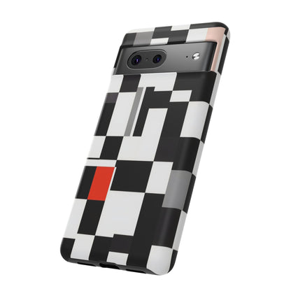 Abstract Geometric Phone Case – Black & White Checker Grid with Red Accent