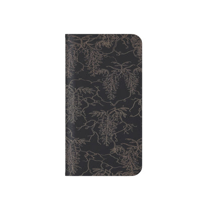 Botanical Noir Flip Phone Case — Dark Floral Wallet Cover with Card Slots
