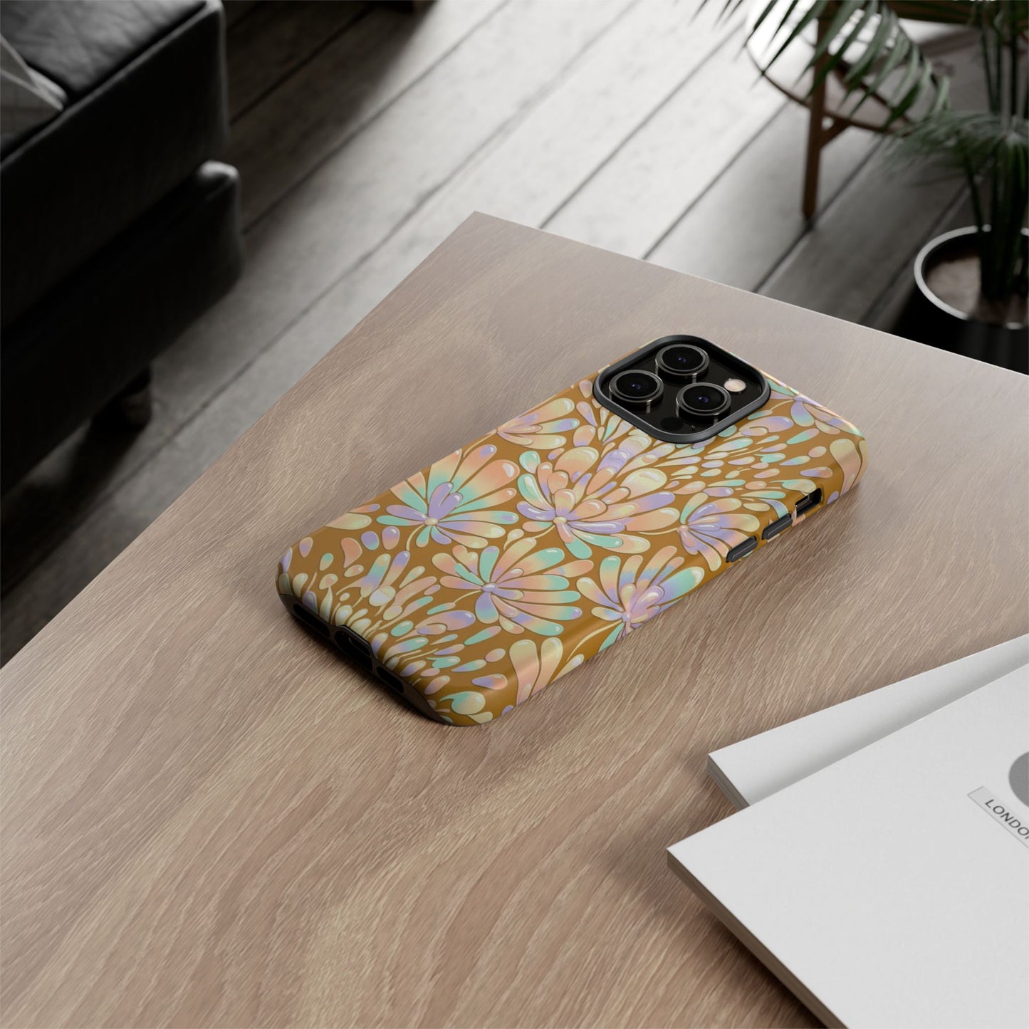 Floral Burst Tough Phone Case – Gold Pastel Botanical Protection