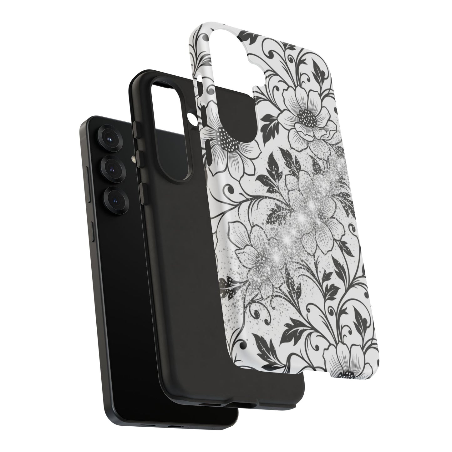 Floral Lace Phone Case — Black & White Vintage Flower Protective Case