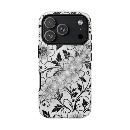 Floral Lace Phone Case — Black & White Vintage Flower Protective Case