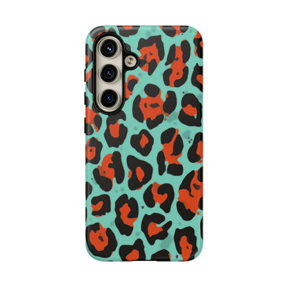 Leopard Print Tough Phone Case — Teal & Rust Protective iPhone Cover