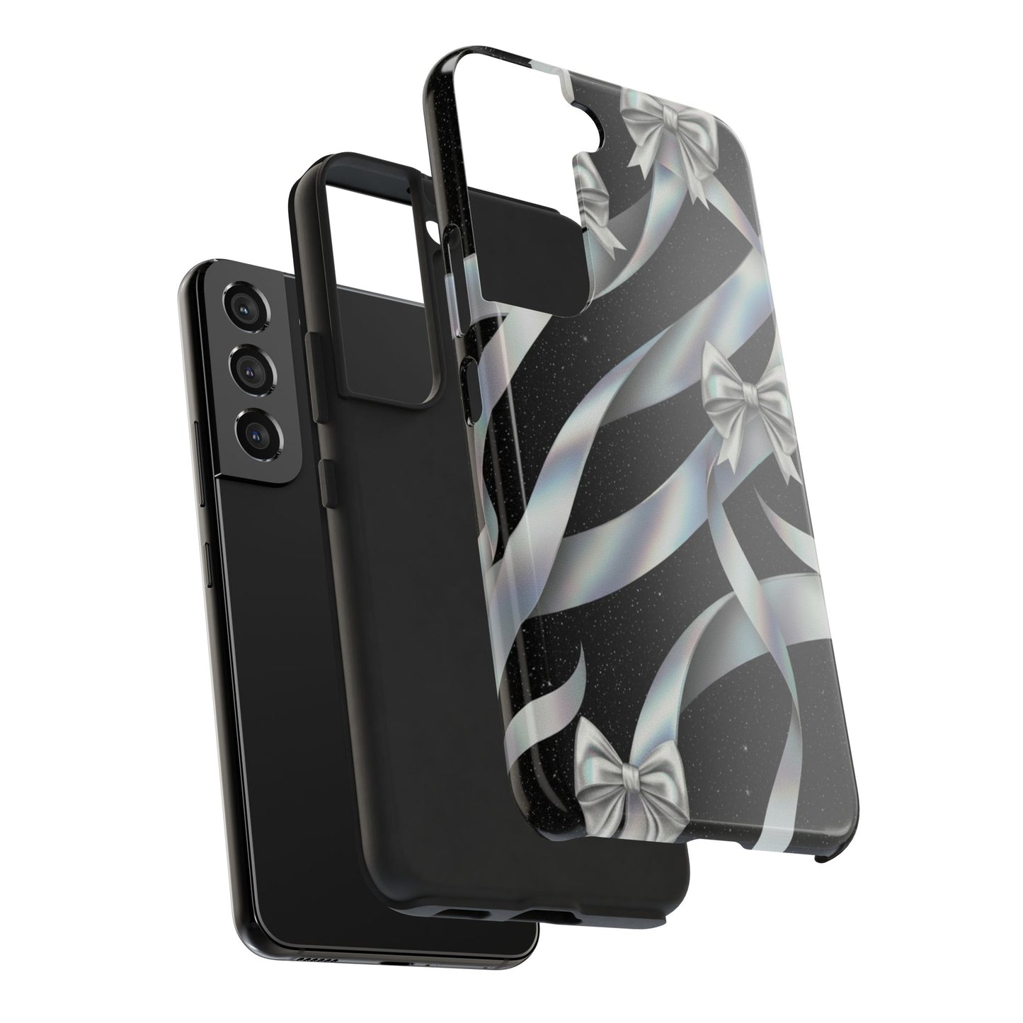 Silver Ribbon Bow Tough Phone Case — Glitter Black Protective Phone Case