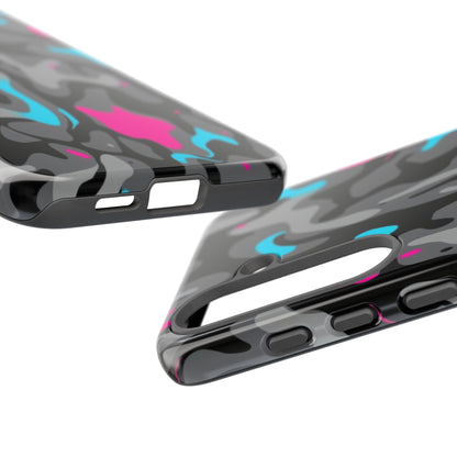 Camouflage Phone Case — Gray Camo with Neon Pink & Cyan Accent Tough Protective Cover