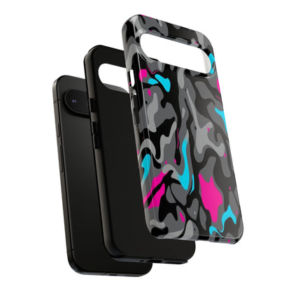 Camouflage Phone Case — Gray Camo with Neon Pink & Cyan Accent Tough Protective Cover