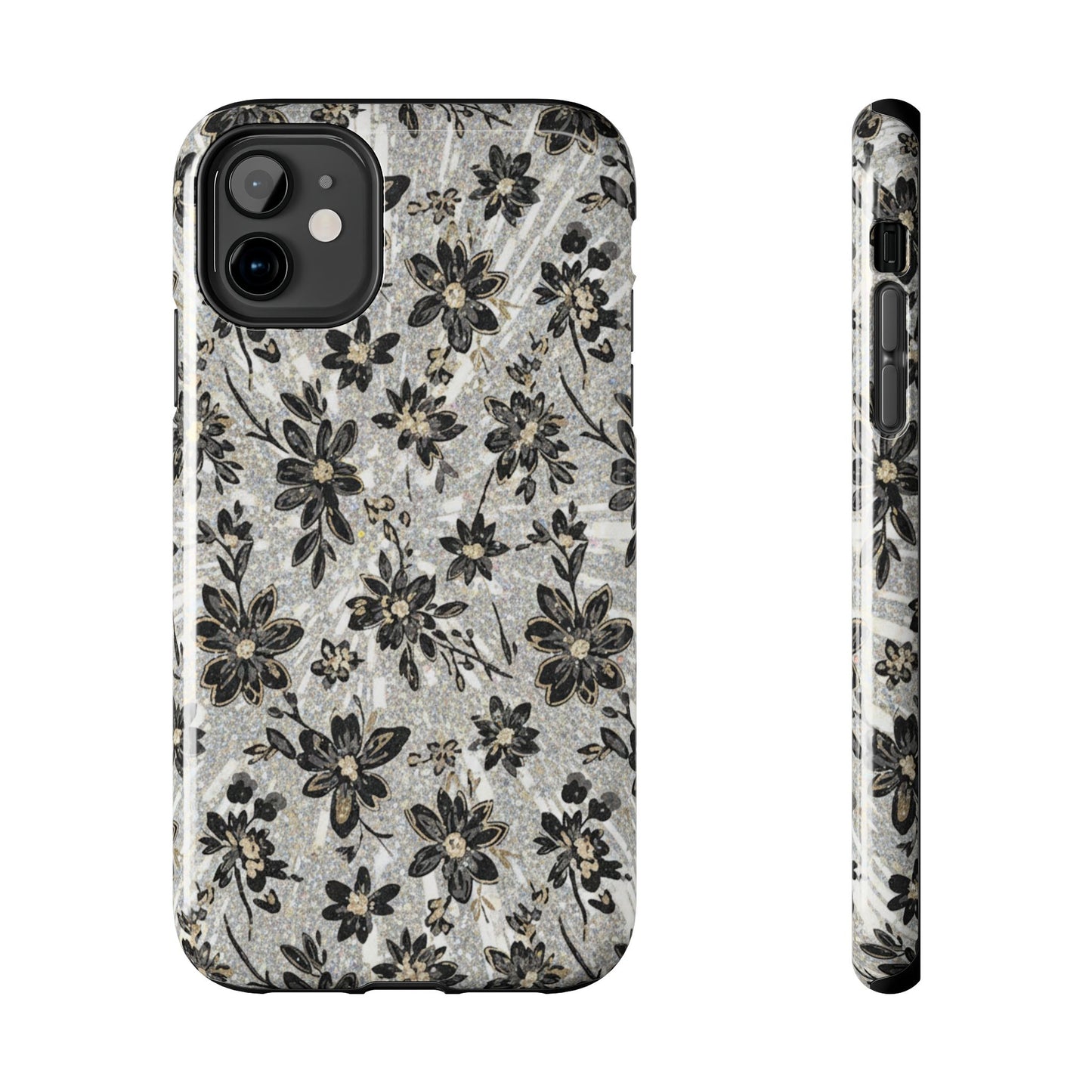 Floral Vintage Tough Phone Case — Black & Gray Rustic Flower Protective Case