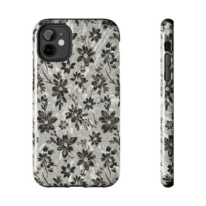 Floral Vintage Tough Phone Case — Black & Gray Rustic Flower Protective Case