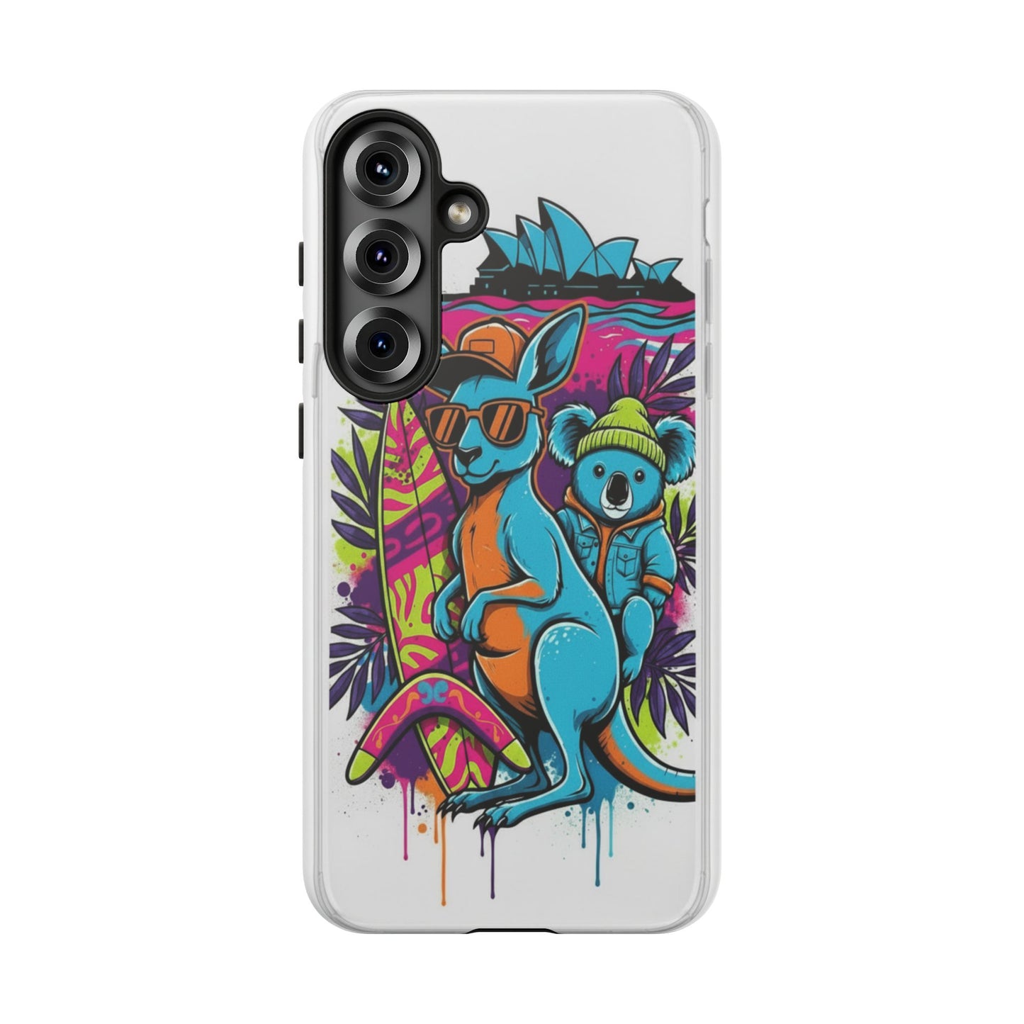 Kangaroo & Koala Surf Phone Case — Retro Neon Beach Art Tough Case