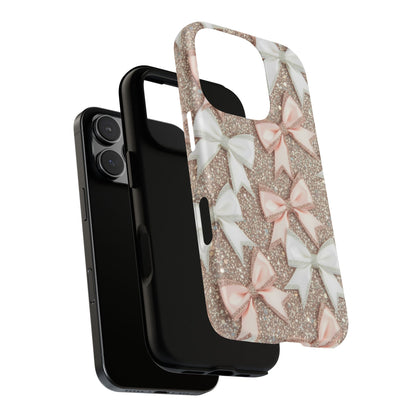 Glitter Bow Tough Phone Case — Pink & White Ribbon Protective Cover