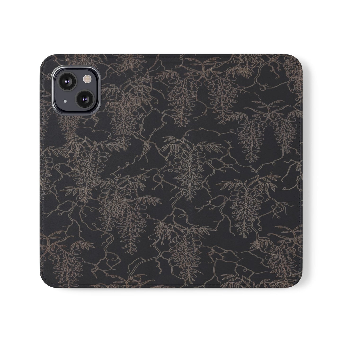 Botanical Noir Flip Phone Case — Dark Floral Wallet Cover with Card Slots