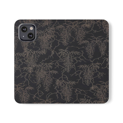 Botanical Noir Flip Phone Case — Dark Floral Wallet Cover with Card Slots