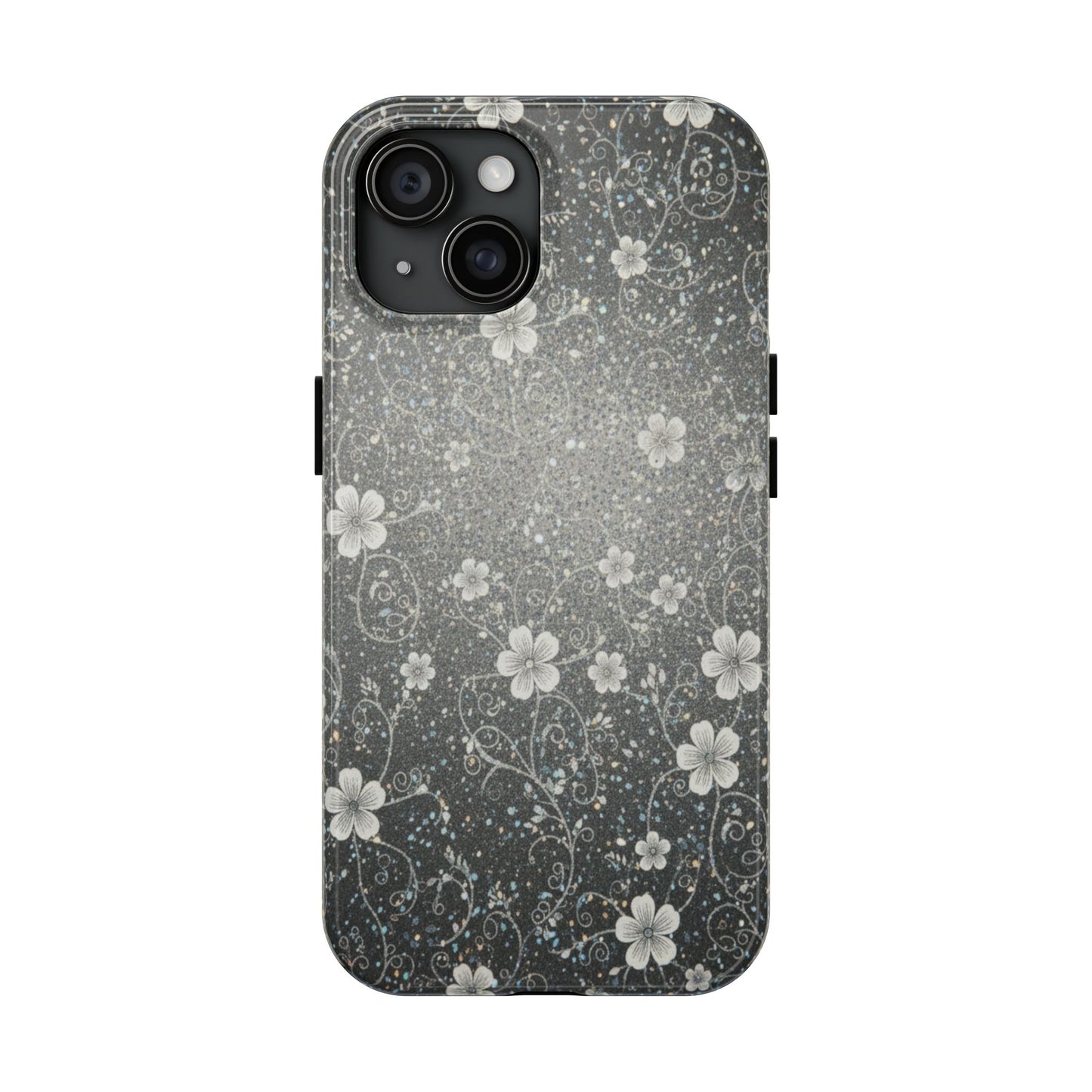 Floral Sparkle Tough Phone Case — Black & Silver Vintage Blossom