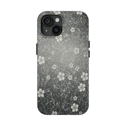 Floral Sparkle Tough Phone Case — Black & Silver Vintage Blossom
