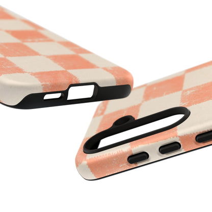 Peach Checkerboard Tough Phone Case — Retro Distressed Grid Design