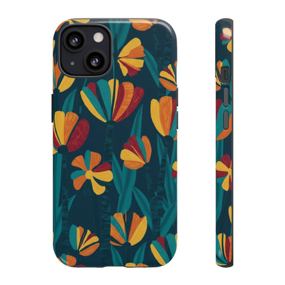 Floral Retro Teal Tough Phone Case — Vibrant Orange & Mustard Blooms