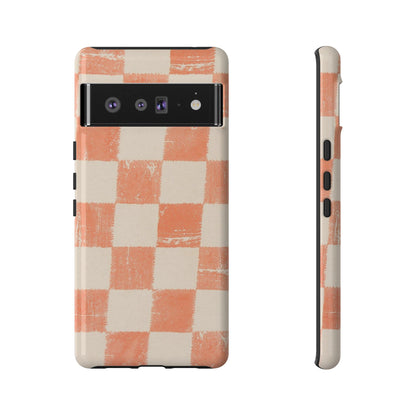 Peach Checkerboard Tough Phone Case — Retro Distressed Grid Design