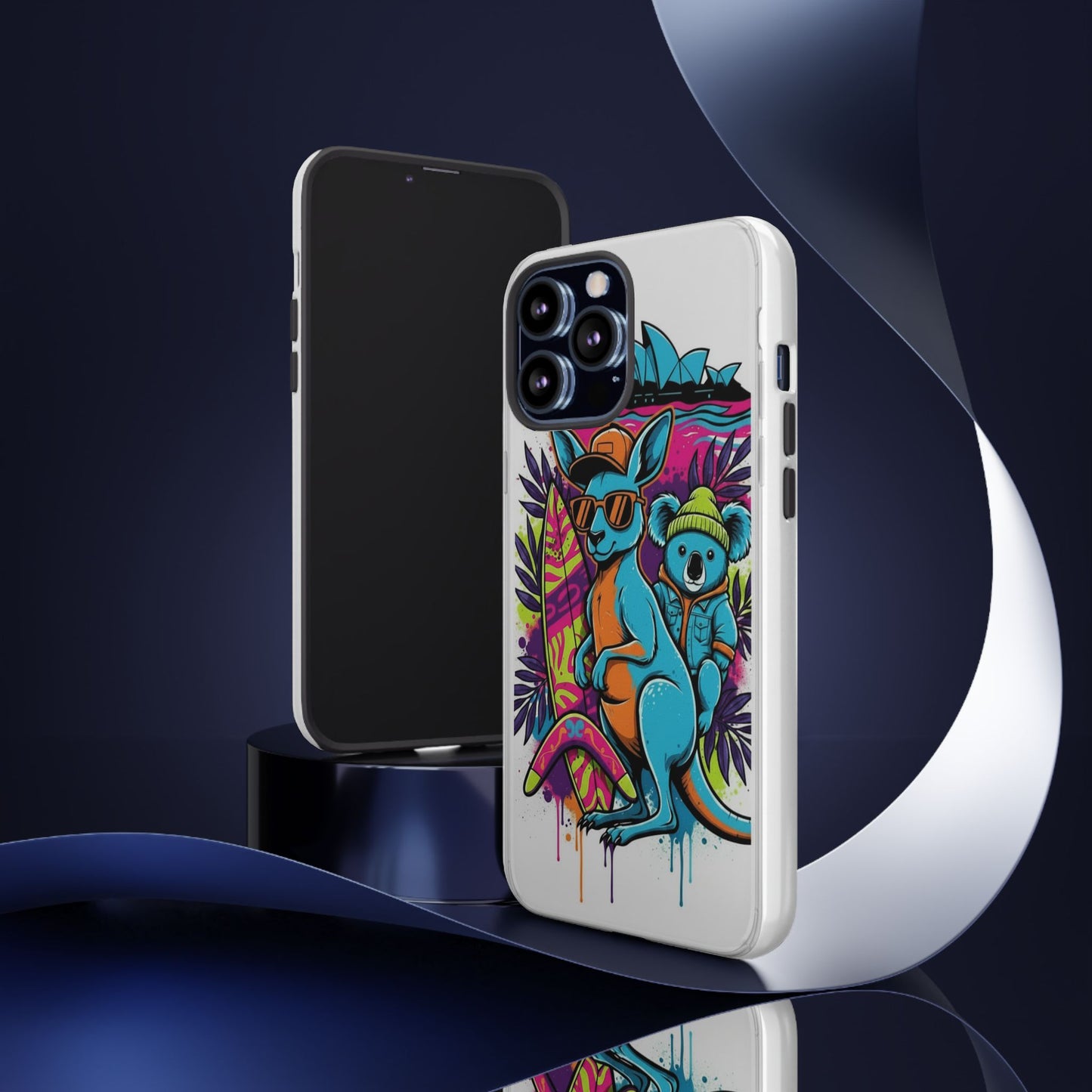 Kangaroo & Koala Surf Phone Case — Retro Neon Beach Art Tough Case
