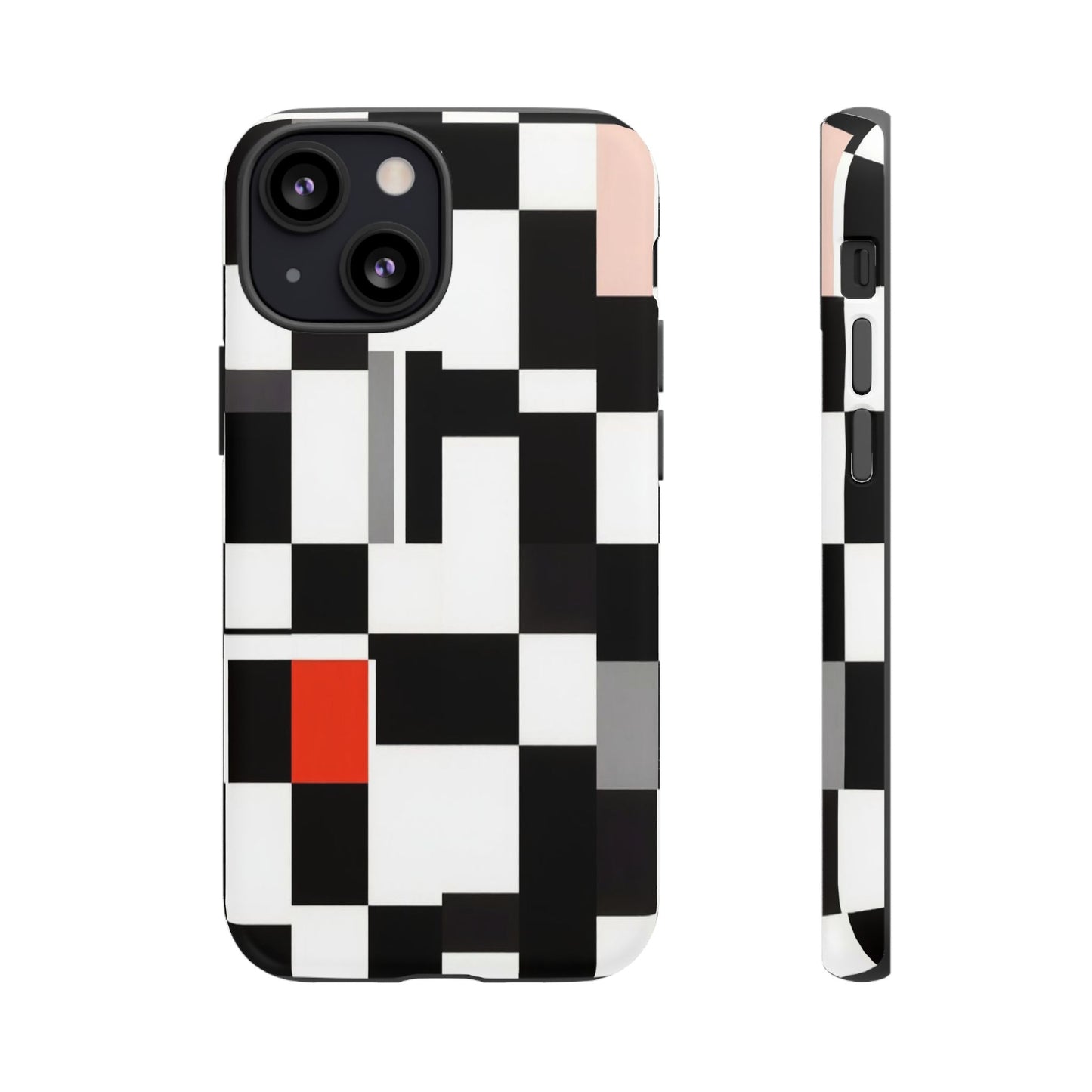 Abstract Geometric Phone Case – Black & White Checker Grid with Red Accent