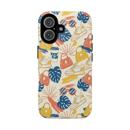 Tough Cases: Retro Summer Pattern Phone Case – Sunglasses, Sneakers & Tropical Leaves