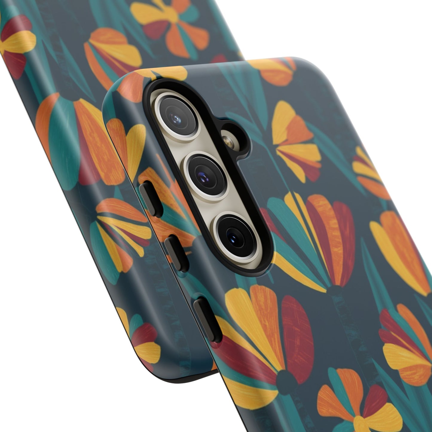 Floral Retro Teal Tough Phone Case — Vibrant Orange & Mustard Blooms