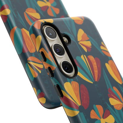 Floral Retro Teal Tough Phone Case — Vibrant Orange & Mustard Blooms