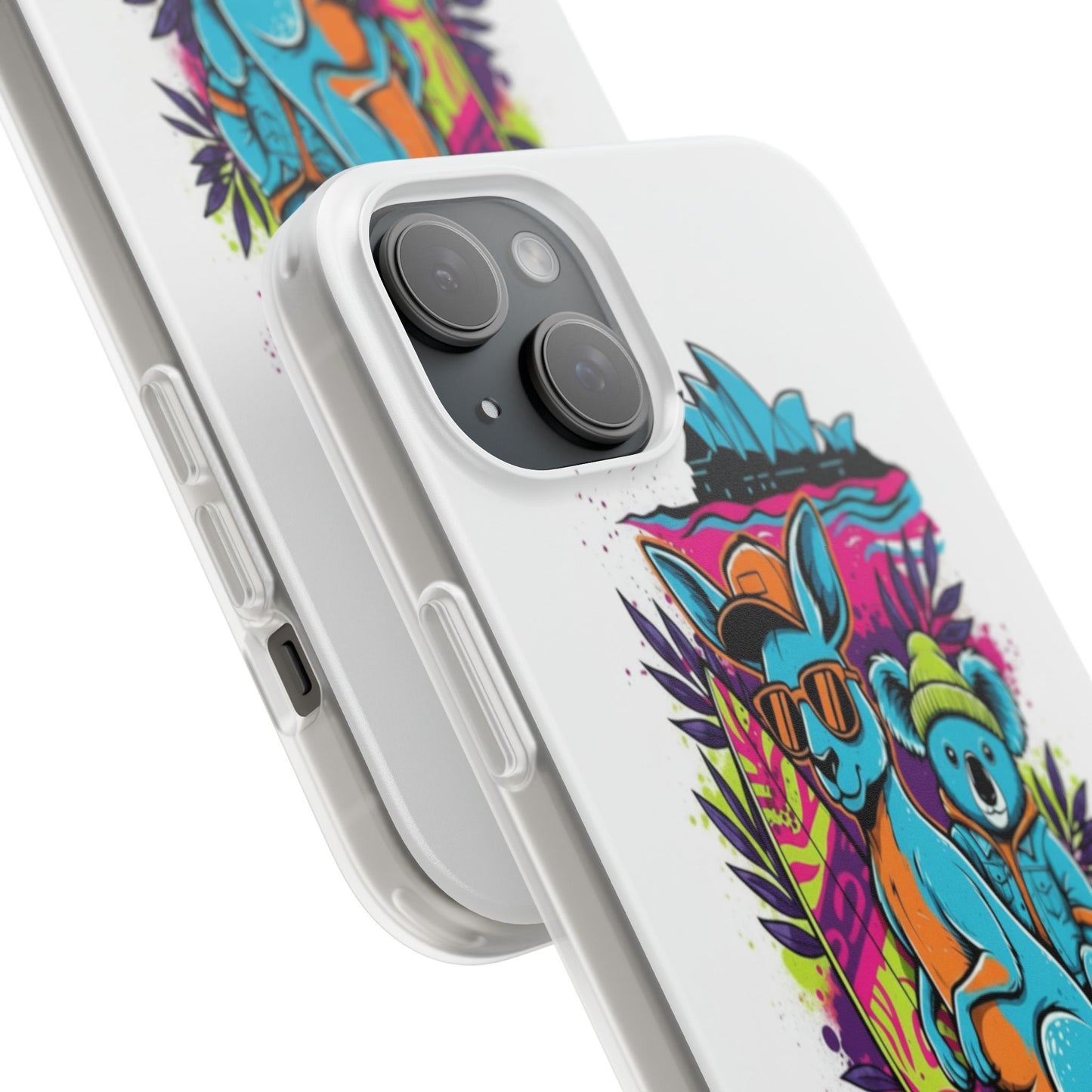 Kangaroo & Koala Surf Phone Case — Neon Aussie Beach Vibes Flexible Case