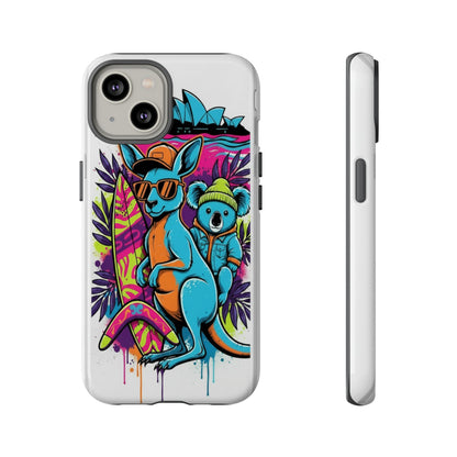 Kangaroo & Koala Surf Phone Case — Retro Neon Beach Art Tough Case