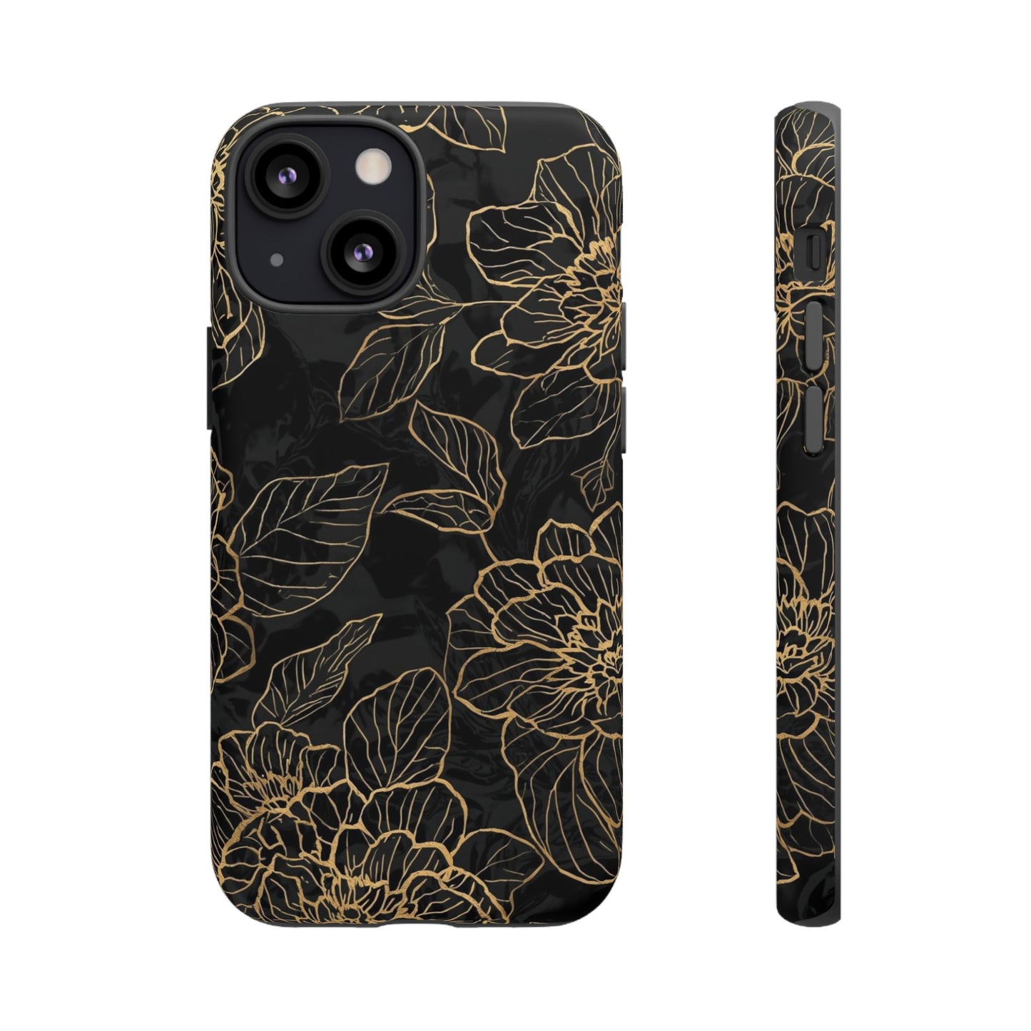 Floral Gold Outline Tough Phone Case – Black Botanical Protective Cover