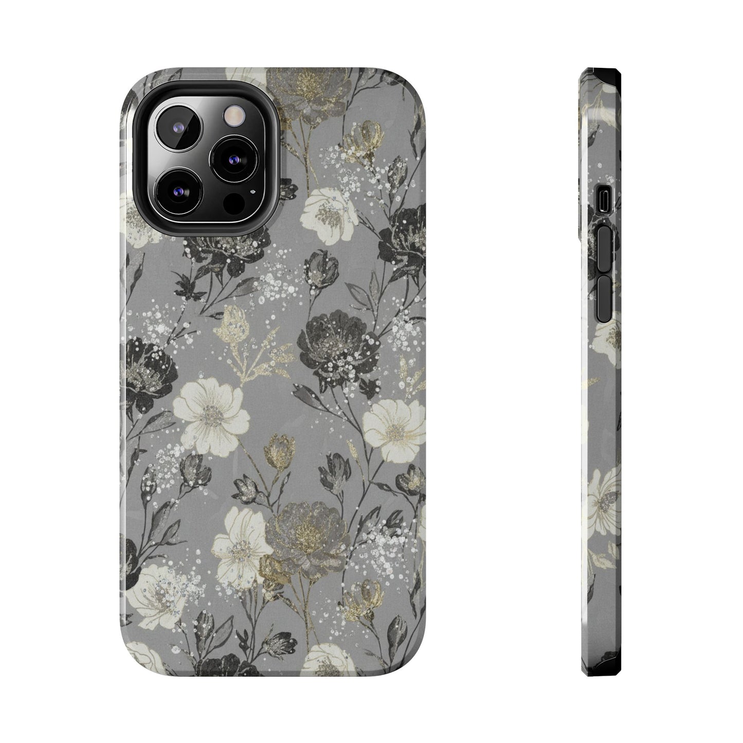Floral Gray Tough Phone Case — Elegant Protective Phone Cover with Gold Accent