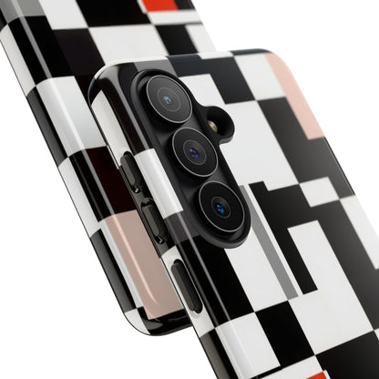Abstract Geometric Phone Case – Black & White Checker Grid with Red Accent