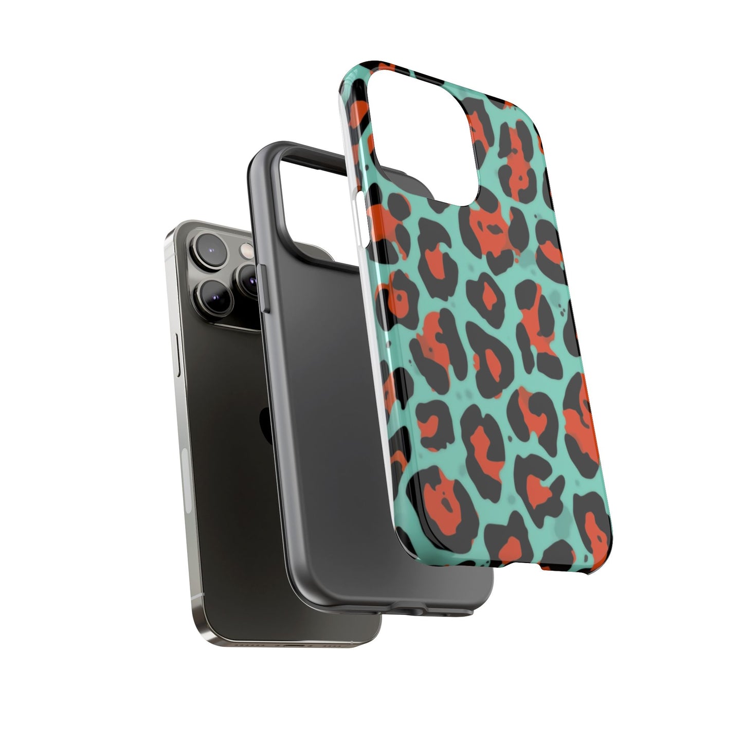Leopard Print Tough Phone Case — Teal & Rust Protective iPhone Cover