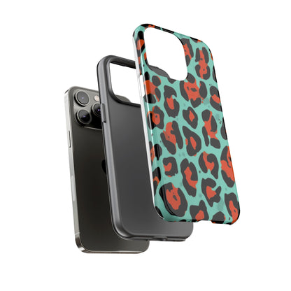 Leopard Print Tough Phone Case — Teal & Rust Protective iPhone Cover