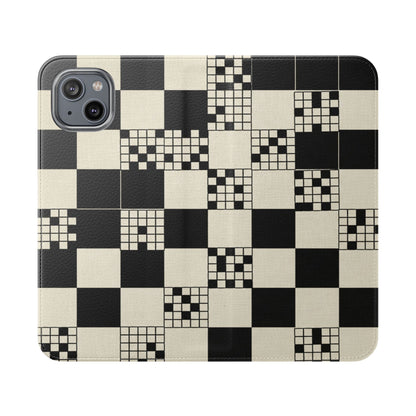 Checkerboard Flip Phone Case – Retro Black & Cream Geometric Wallet Case