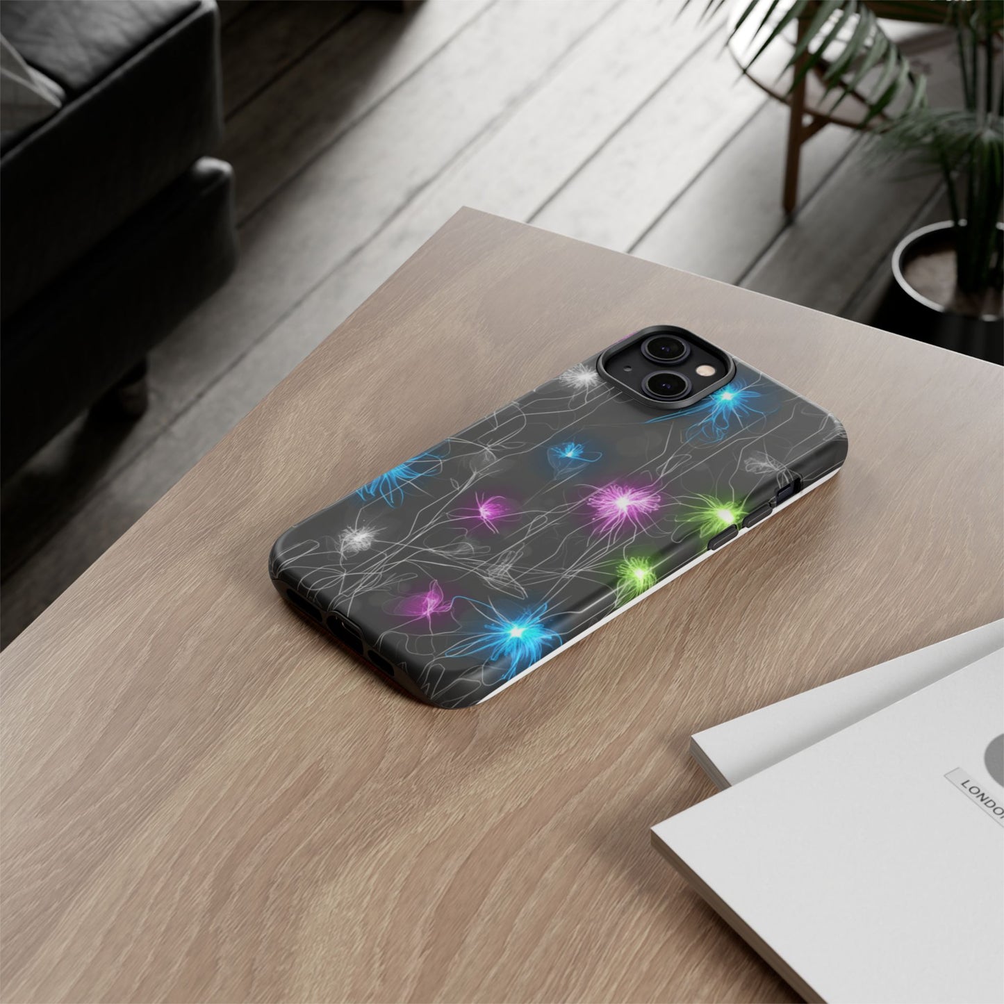 Neon Floral Tough Phone Case — Glow Flower Protective iPhone Cover
