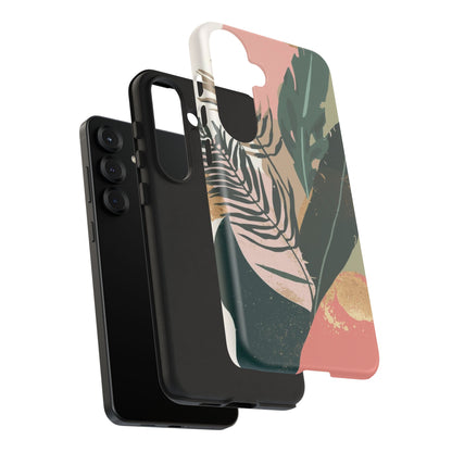 Tropical Leaf Tough Phone Case — Abstract Pink & Green Botanical Protective Cover