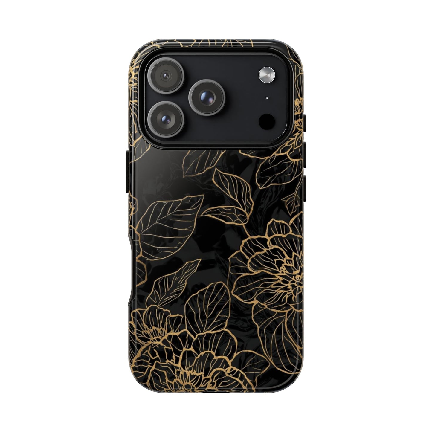 Floral Gold Outline Tough Phone Case – Black Botanical Protective Cover