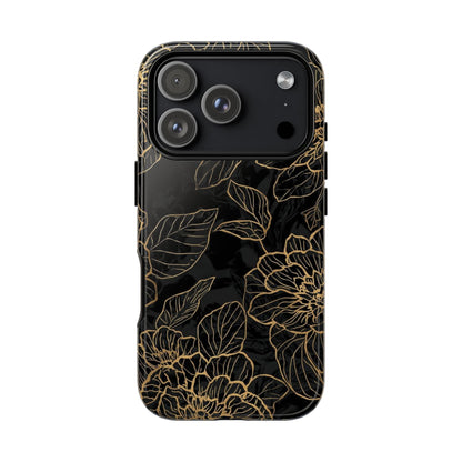 Floral Gold Outline Tough Phone Case – Black Botanical Protective Cover