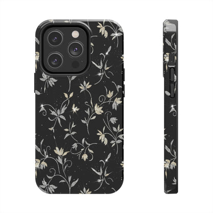 Floral Noir Tough Phone Case — Vintage Black Botanical Protective Cover